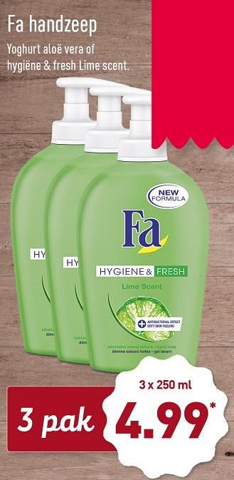Aanbiedingen Fa handzeep yoghurt aloë vera of hygiéne +fresh lime scent - Fa - Geldig van 13/11/2017 tot 19/11/2017 bij Aldi