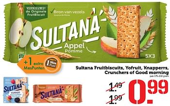 Aanbiedingen Sultana fruitbiscuits, yofruit, knapperrs, crunchers of good morning - Sultana - Geldig van 13/11/2017 tot 19/11/2017 bij Coop