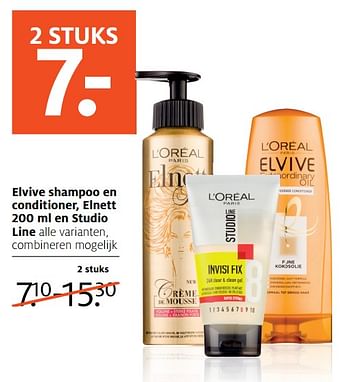 Aanbiedingen Elvive shampoo en conditioner, elnett en studio line alle varianten, combineren mogelijk - L'Oreal Paris - Geldig van 13/11/2017 tot 19/11/2017 bij Etos