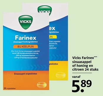 Aanbiedingen Vicks farinex sinaasappel of honing en citroen - Vicks - Geldig van 13/11/2017 tot 19/11/2017 bij Etos