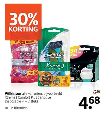 Aanbiedingen Xtreme3 comfort plus sensitive disposable - Wilkinson - Geldig van 13/11/2017 tot 19/11/2017 bij Etos