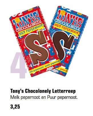 Aanbiedingen Tony`s chocolonely letterreep melk pepernoot en puur pepernoot - Tony's - Geldig van 13/11/2017 tot 05/12/2017 bij Primera