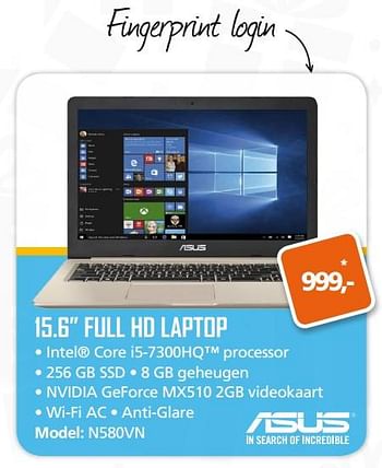Aanbiedingen Asus full hd laptop n580vn - Asus - Geldig van 13/11/2017 tot 05/12/2017 bij ITprodeals