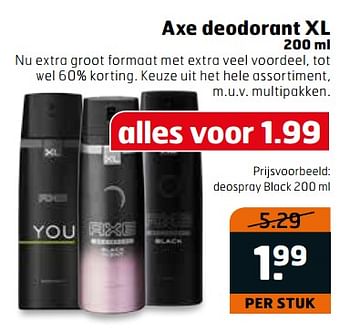Aanbiedingen Axe deodorant xl - Axe - Geldig van 14/11/2017 tot 26/11/2017 bij Trekpleister