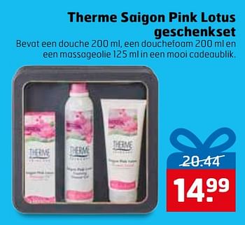 Aanbiedingen Therme saigon pink lotus geschenkset - Therme - Geldig van 14/11/2017 tot 26/11/2017 bij Trekpleister