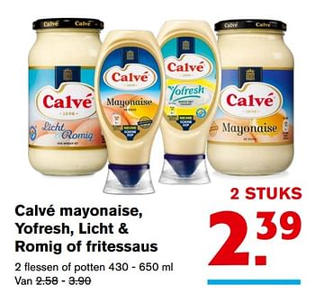 Aanbiedingen Calvé mayonaise, yofresh, licht + romig of fritessaus - Calve - Geldig van 15/11/2017 tot 15/11/2017 bij Hoogvliet