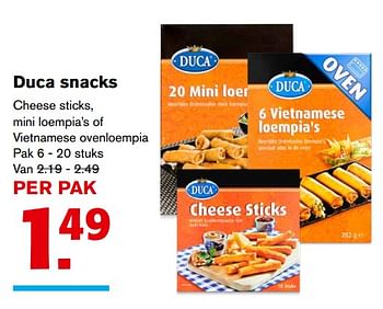Aanbiedingen Duca snacks cheese sticks, mini loempia`s of vietnamese ovenloempia - Duca - Geldig van 15/11/2017 tot 15/11/2017 bij Hoogvliet