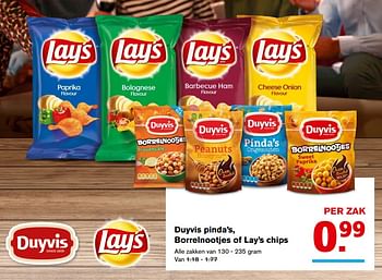 Aanbiedingen Duyvis pinda`s, borrelnootjes of lay`s chips - Duyvis - Geldig van 15/11/2017 tot 15/11/2017 bij Hoogvliet