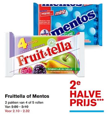 Aanbiedingen Fruittella of mentos - Fruittella - Geldig van 15/11/2017 tot 15/11/2017 bij Hoogvliet
