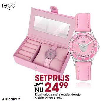 Aanbiedingen Kids horloge met sieradendoosje ook in wit en blauw - Regal - Geldig van 13/11/2017 tot 05/12/2017 bij Lucardi