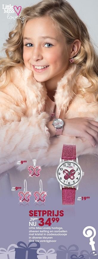 Aanbiedingen Little miss lovely horloge, zilveren ketting en oorbellen met kristal in cadeaudoosje in diverse kleuren ook los verkrijgbaar - Little Miss Lovely - Geldig van 13/11/2017 tot 05/12/2017 bij Lucardi