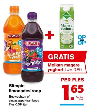Aanbiedingen Slimpie limonadesiroop bosvruchten of sinaasappel-framboos - Slimpie - Geldig van 15/11/2017 tot 15/11/2017 bij Hoogvliet