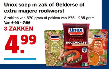 Aanbiedingen Unox soep in zak of gelderse of extra magere rookworst - Unox - Geldig van 15/11/2017 tot 15/11/2017 bij Hoogvliet