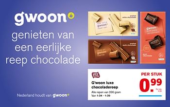 Aanbiedingen G`woon luxe chocoladereep - Gâ€™woon - Geldig van 22/11/2017 tot 28/11/2017 bij Hoogvliet