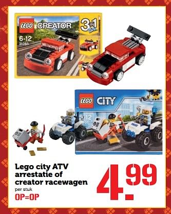 Aanbiedingen Lego city atv arrestatie of creator racewagen - Lego - Geldig van 20/11/2017 tot 26/11/2017 bij Coop