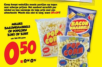 Aanbiedingen Millies baconknabbels of popcorn zoet of zout - Millies - Geldig van 20/11/2017 tot 26/11/2017 bij Coop