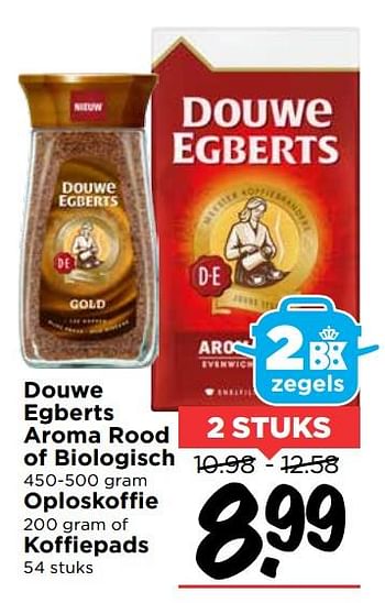 Aanbiedingen Douwe egberts aroma rood of biologisch, oploskoffie, koffiepads - Douwe Egberts - Geldig van 19/11/2017 tot 25/11/2017 bij Vomar