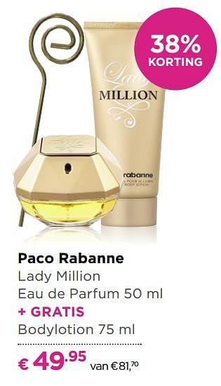 Aanbiedingen Paco rabanne lady million eau de parfum + gratis bodylotion - Paco Rabanne - Geldig van 13/11/2017 tot 05/12/2017 bij Ici Paris XL
