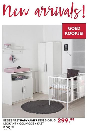 Aanbiedingen Bebies first babykamer tess 3-delig ledikant + commode + kast - bebiesfirst - Geldig van 19/11/2017 tot 16/12/2017 bij Baby & Tiener Megastore