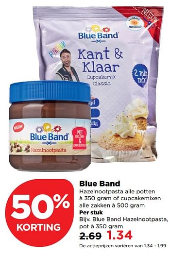 Aanbiedingen Blue band hazelnootpasta alle potten of cupcakemixen alle zakken - Blue Band - Geldig van 19/11/2017 tot 25/11/2017 bij Plus