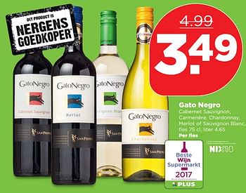 Aanbiedingen Gato negro cabernet sauvignon, carmenère, chardonnay, merlot of sauvignon blanc - Rode wijnen - Geldig van 19/11/2017 tot 25/11/2017 bij Plus