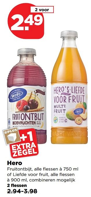 Aanbiedingen Hero fruitontbijt, alle flessen of liefde voor fruit - Hero - Geldig van 19/11/2017 tot 25/11/2017 bij Plus