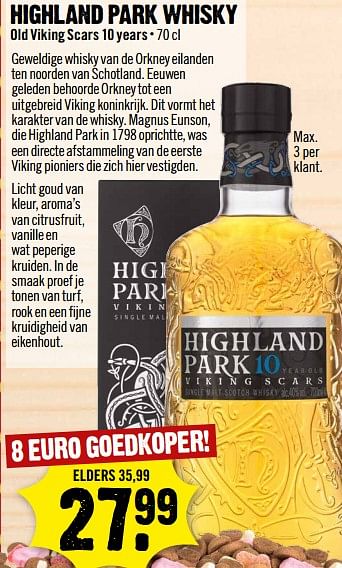 Aanbiedingen Highland park whisky old viking scars 10 years - Highland Park - Geldig van 20/11/2017 tot 25/11/2017 bij Dirk III