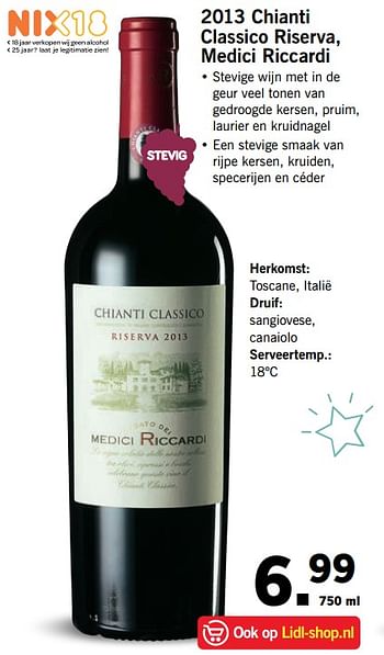 Aanbiedingen 2013 chianti classico riserva, medici riccardi - Rode wijnen - Geldig van 20/11/2017 tot 26/11/2017 bij Lidl