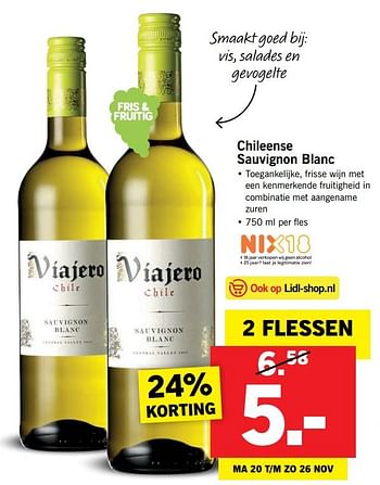 Aanbiedingen Chileense sauvignon blanc - Witte wijnen - Geldig van 20/11/2017 tot 26/11/2017 bij Lidl