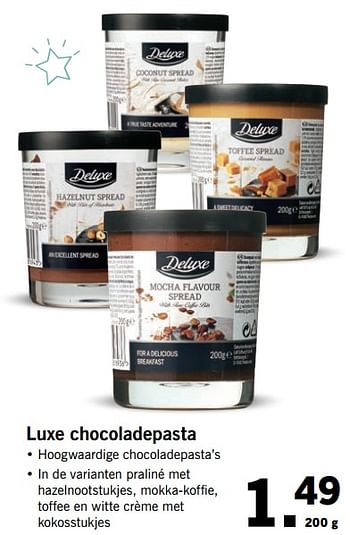 Aanbiedingen Luxe chocoladepasta - Deluxe - Geldig van 20/11/2017 tot 26/11/2017 bij Lidl