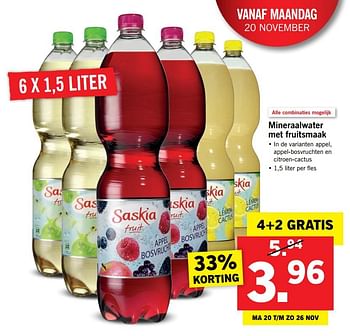 Aanbiedingen Mineraalwater met fruitsmaak - Saskia - Geldig van 20/11/2017 tot 26/11/2017 bij Lidl