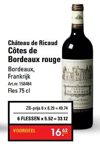 Aanbiedingen Château de ricaud côtes de bordeaux rouge - Rode wijnen - Geldig van 16/11/2017 tot 25/11/2017 bij Sligro