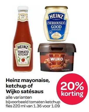 Aanbiedingen Heinz mayonaise, ketchup of wijko satésaus tomaten ketchup - Huismerk - Spar  - Geldig van 16/11/2017 tot 29/11/2017 bij Spar