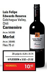 Aanbiedingen Luis felipe edwards reserva colchagua valley carmenère - Rode wijnen - Geldig van 16/11/2017 tot 25/11/2017 bij Sligro