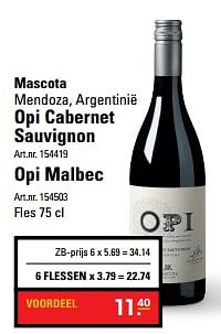 Aanbiedingen Mascota mendoza, argentinië opi cabernet sauvignon - Rode wijnen - Geldig van 16/11/2017 tot 25/11/2017 bij Sligro