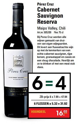 Aanbiedingen Pérez cruz cabernet sauvignon reserva - Rode wijnen - Geldig van 16/11/2017 tot 25/11/2017 bij Sligro