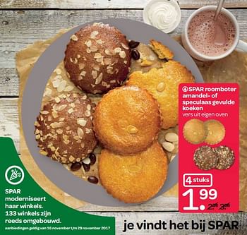 Aanbiedingen Spar roomboter amandel- of speculaas gevulde koeken - Spar - Geldig van 16/11/2017 tot 29/11/2017 bij Spar
