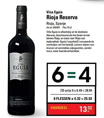 Aanbiedingen Vina eguía rioja reserva - Rode wijnen - Geldig van 16/11/2017 tot 25/11/2017 bij Sligro