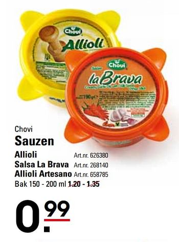 Aanbiedingen Chovi sauzen allioli - Chovi - Geldig van 16/11/2017 tot 04/12/2017 bij Sligro