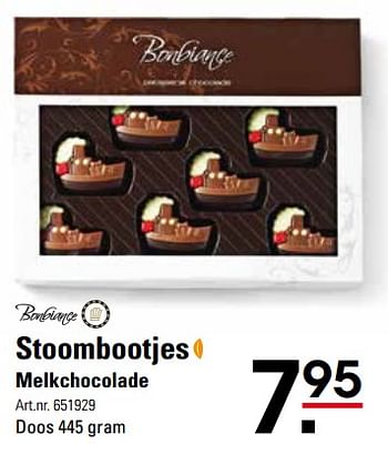 Aanbiedingen Stoombootjes melkchocolade - Bonbiance - Geldig van 16/11/2017 tot 04/12/2017 bij Sligro