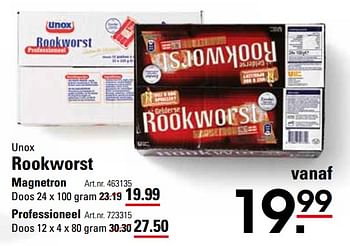 Aanbiedingen Unox rookworst magnetron - Unox - Geldig van 16/11/2017 tot 04/12/2017 bij Sligro