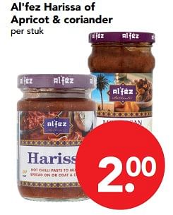 Aanbiedingen Al`fez harissa of apricot + coriander - Al'fez - Geldig van 19/11/2017 tot 25/11/2017 bij Deen Supermarkten