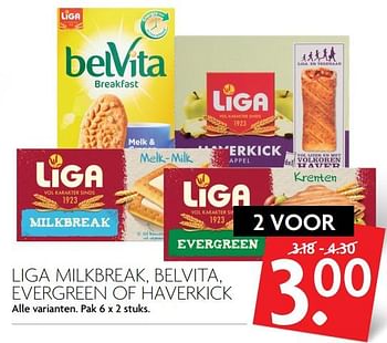 Aanbiedingen Liga milkbreak, belvita, evergreen of haverkick - Liga - Geldig van 19/11/2017 tot 25/11/2017 bij Deka Markt