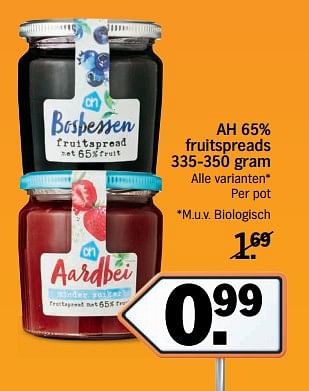 Aanbiedingen 65% fruitspreads - Huismerk - Albert Heijn - Geldig van 20/11/2017 tot 26/11/2017 bij Albert Heijn