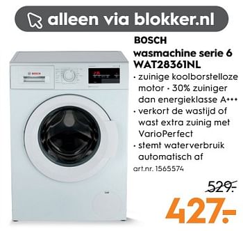 Aanbiedingen Bosch wasmachine serie 6 wat28362nl - Bosch - Geldig van 18/11/2017 tot 05/12/2017 bij Blokker