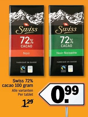 Aanbiedingen Swiss 72% cacao - Swiss - Geldig van 20/11/2017 tot 26/11/2017 bij Albert Heijn