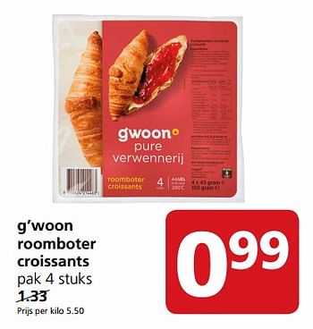 Aanbiedingen G`woon roomboter croissants - Gâ€™woon - Geldig van 20/11/2017 tot 26/11/2017 bij Jan Linders