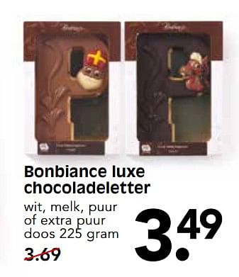Aanbiedingen Bonbiance luxe chocoladeletter - Bonbiance - Geldig van 19/11/2017 tot 25/11/2017 bij Em-té