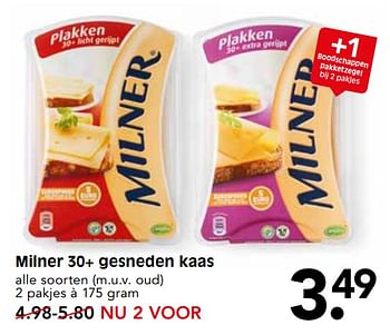 Aanbiedingen Milner 30+ gesneden kaas - Milner - Geldig van 19/11/2017 tot 25/11/2017 bij Em-té