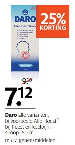 Aanbiedingen Alle hoest bij hoest en keelpijn, siroop - Daro - Geldig van 20/11/2017 tot 03/12/2017 bij Etos